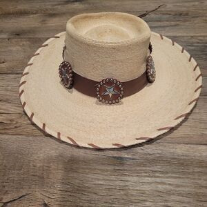 Red Star Riggings Palm Leaf Straw Hat Sz 7-1/8 Brown Leather Band Star Western